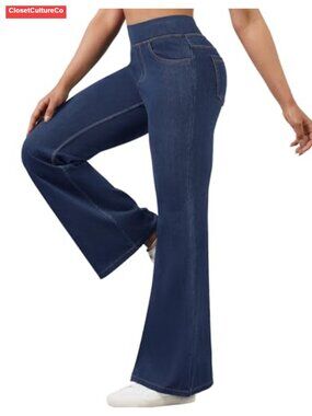 Stretchy Flare Jeans Pull On Tummy Control Bootcut High Waist
